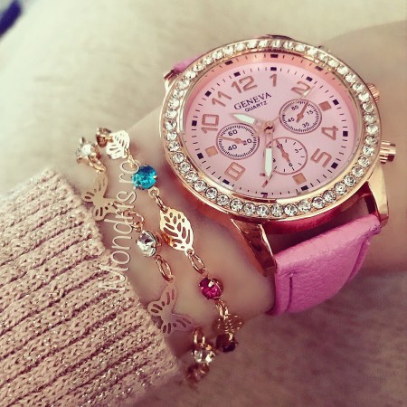 Geneva pink womens watch with pearls and ECO leather strap with two bracelets