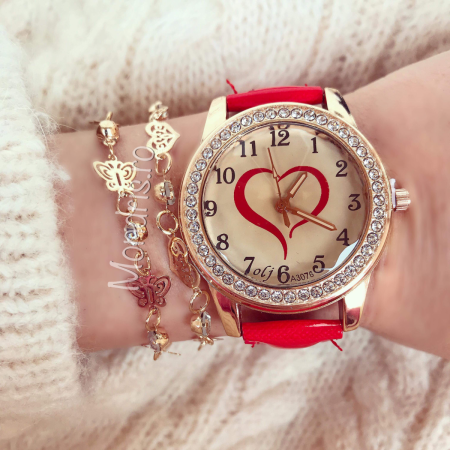 Red gold watch with pearls and heart of ECO leather and two bracelets