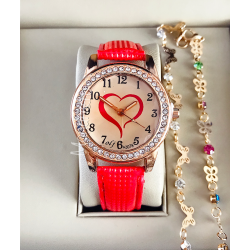 Red gold watch with pearls and heart of ECO leather and two bracelets