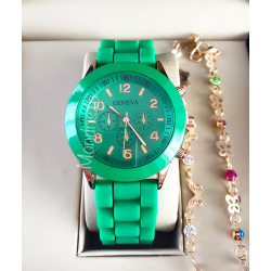 Green and gold ladies watch silicone hypoallergenic two bracelets GIFT