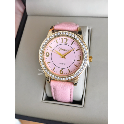 Geneva pink watch with pearls and leather strap ECO with two bracelets