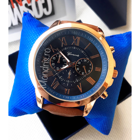 Elegant brown men's watch with golden dial with blue and leather strap ECO + GIFT BOX
