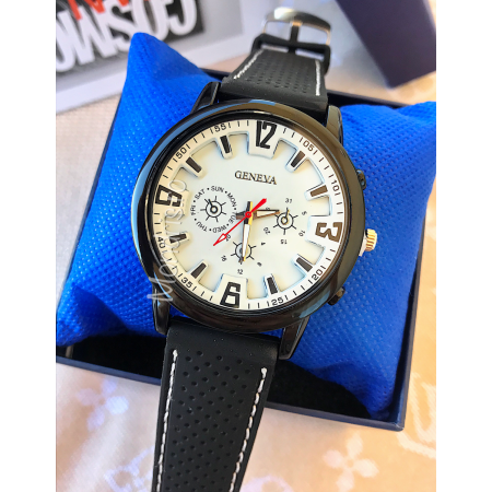 Sport casual watch men black with white dial + Gift Box