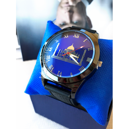 Elegant men's black watch with blue with Taj Mahal inscription + GIFT BOX
