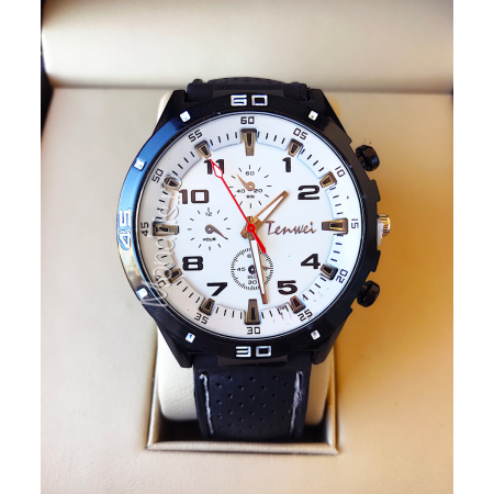 Sport casual watch men black with white dial and leather strap ECO + Gift Box