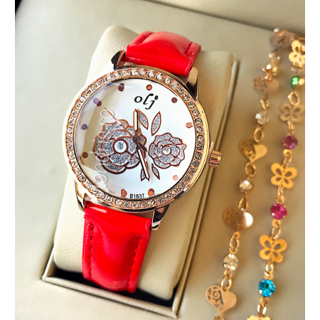 Red queen gold watch with pebbles and flower model with two bracelets