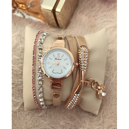  Elegant golden watch with wrist wrapped strap + two bracelets FOR FREE