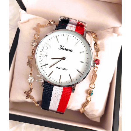 Women's silvery Geneva watch with textile strap and two bracelets FOR FREE