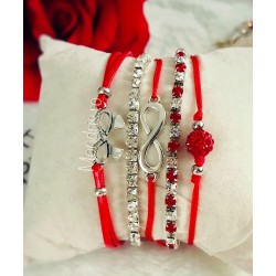 Set of 5 red ladies bracelets with various accessories
