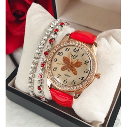 Stylish red women's watch with butterfly design and ECO leather strap and two bracelets FOR FREE