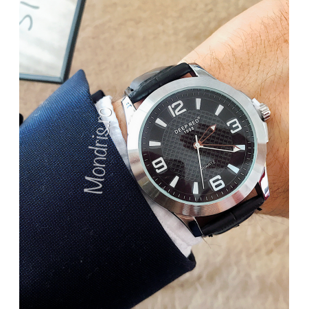 Elegant black watch for men with silver and black dial and leather strap + FREE GIFT BOX