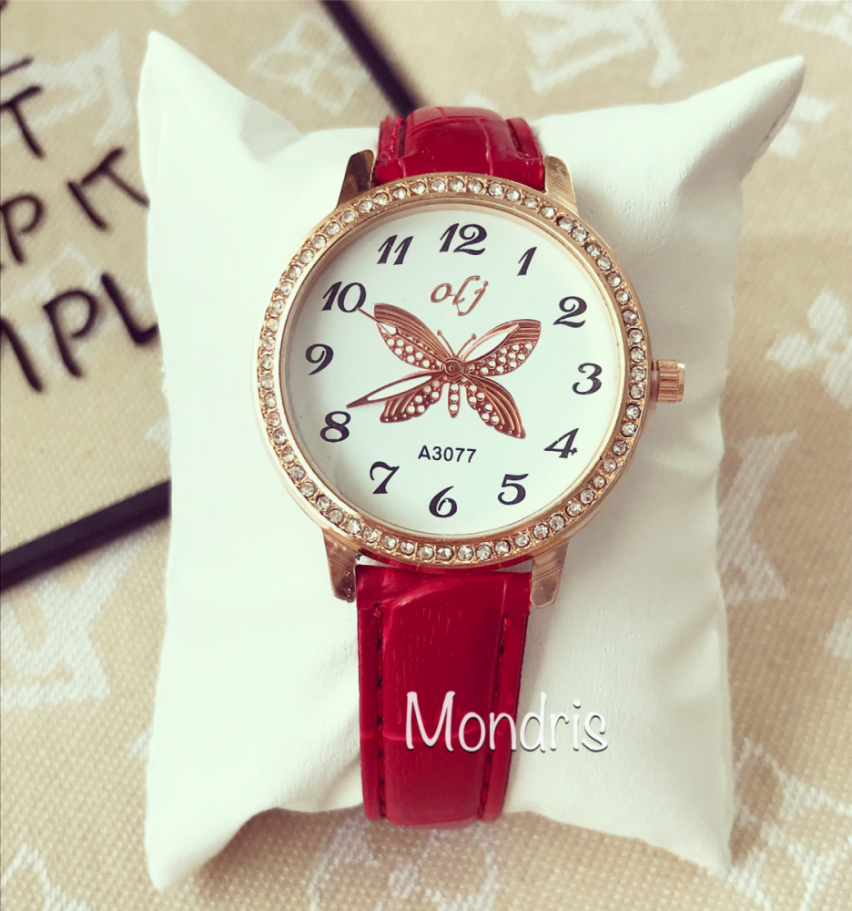 Stylish dark red women's watch with butterfly design and ECO leather strap