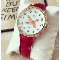 Stylish dark red women's watch with butterfly design and ECO leather strap