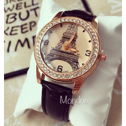 Black  wrist watch for women with Eiffel Tower print and pebbles