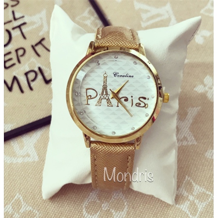 Golden women's wrist watch with Paris print and pebbles + two bracelets FOR FREE