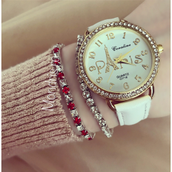 White women's wrist watch with Paris print and pebbles
