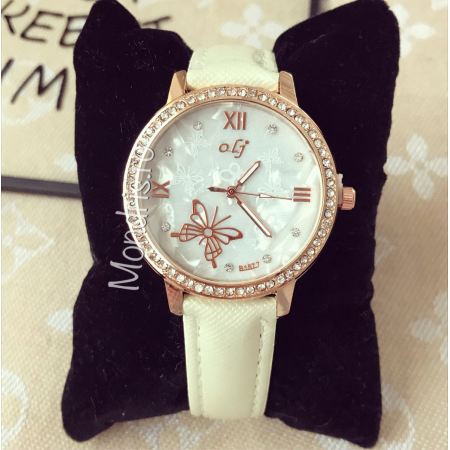 Elegant embelished white women's watch with butterfly design and ECO leather strap