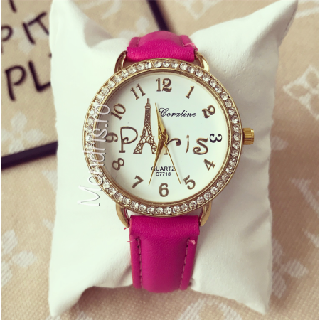 Pink women's wrist watch with Eiffel Tower print and pebbles