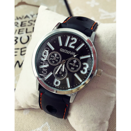 Elegant black watch for men with silver dial and leather strap + FREE GIFT BOX