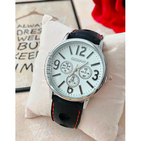 Elegant black watch for men with white and silver dial and leather strap + FREE GIFT BOX