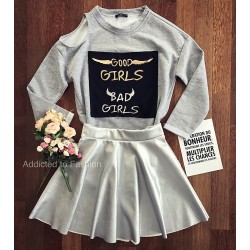 Ladies gray blouse with shoulder cut and print