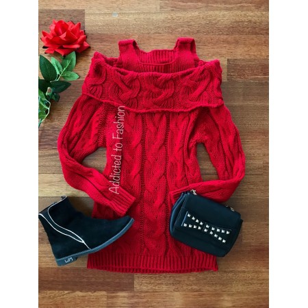Red knitted sweater women with oversized collar