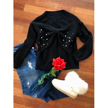 Short women knit sweater thick black ribbon and beads