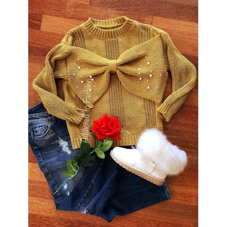 Short thick knit sweater with bow and beads mustard