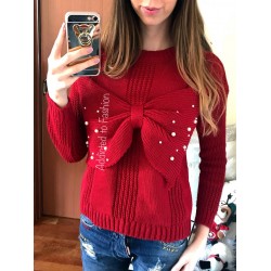Short women knit sweater thick red ribbon and beads