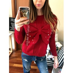 Short women knit sweater thick red ribbon and beads