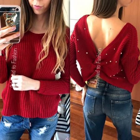 Women's red knit knitted knit pattern with beads