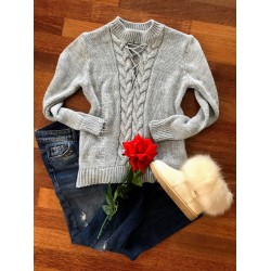 Ladies long warm sweater gray knit with decollete