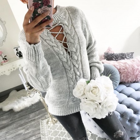 Ladies long warm sweater gray knit with decollete