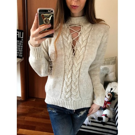 Long cream knitted V-shaped sweater