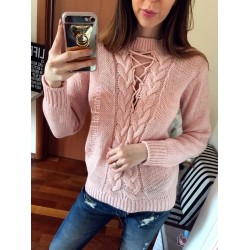 Ladies long pullover warm sweater knit with decolletage