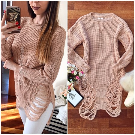 Powder pink sweater knitted ladies long beaded embroidered
