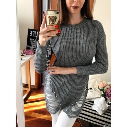 Ladies' long gray sweater knitted with beads