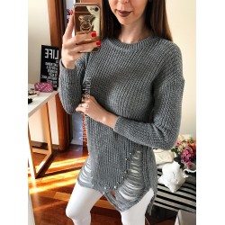 Ladies' long gray sweater knitted with beads