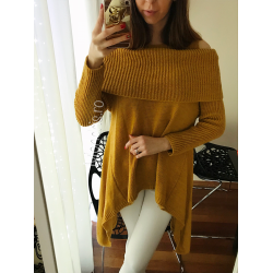 Women knitted sweater mustard asymmetric oversized collar