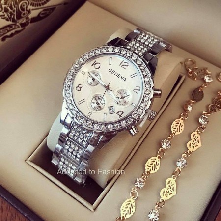 Ladies silver watch with date and pebbles Geneva, two bracelets GIFT