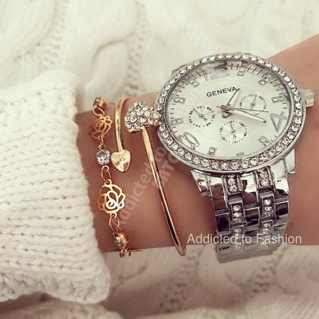 Geneva silver women's watch with pebbles, two bracelets