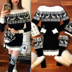 Complete black knit shirt made up of dress, hat and leggings