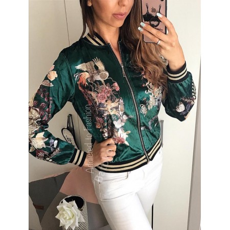 Women casual jacket zipper spectacular green print