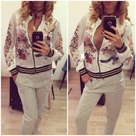 Women casual jacket zipper spectacular white-print