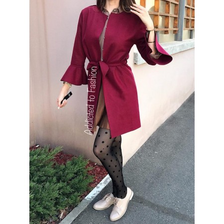 Women burgundy coat with belt and bell sleeve