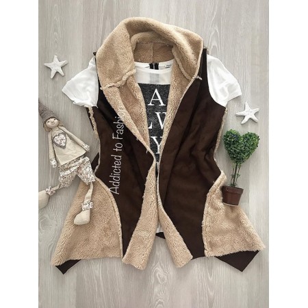 Dark brown fluffy vest from suede and fur