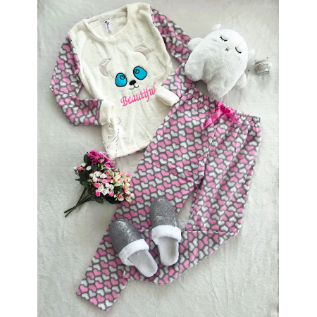 White plush pink pajamas with teddy consisting of long pants + blouse
