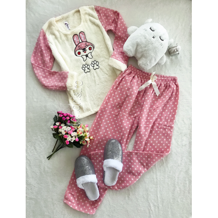 Plush white and pink pajamas with bunny consisting of long pants + blouse