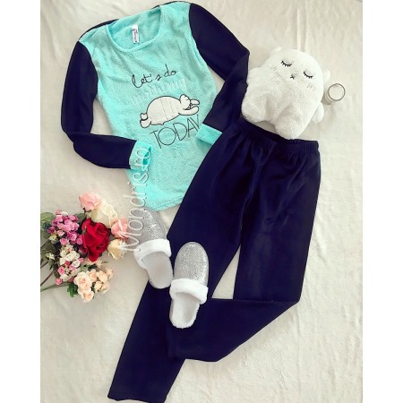 Blue cotton plushy ladies pyjama with funny print consisting of long pants + blouse