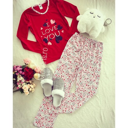 Red cotton ladies pyjama with printed message consisting of long pants + blouse
